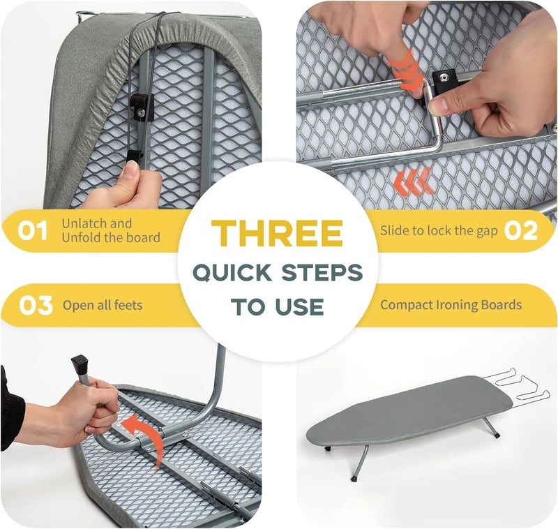 RAINHOL Metal Foldable Tabletop Ironing Board with Iron Rest, Portable Ironing Board Small with Heat Resistant Cotton Cover, Mini Iron Board for Small Space and Travel, 31"x12", Gray - Image 5